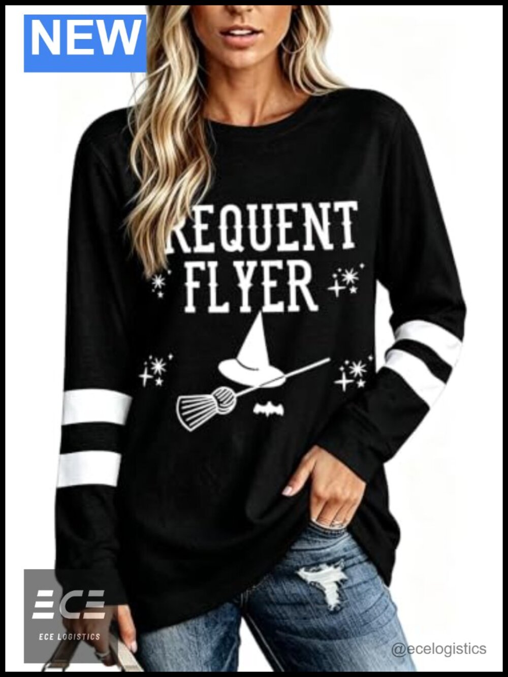 Halloween Witch Graphic Long Sleeve Tunic Tee Cotton Blend Top
